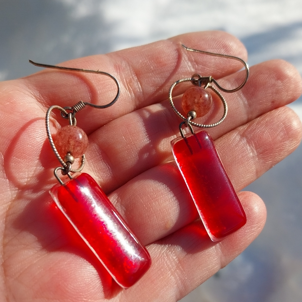 Sterling Silver Red Dangle Earrings - Picture 5 of 14